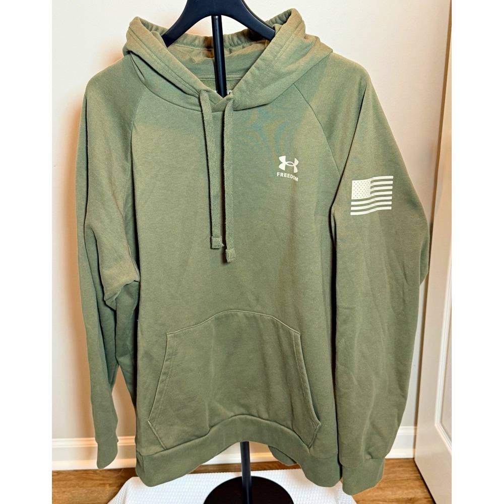 Under Armour Freedom USA Flag Graphic Fleece Pullover Hoodie Green 2XL Mens